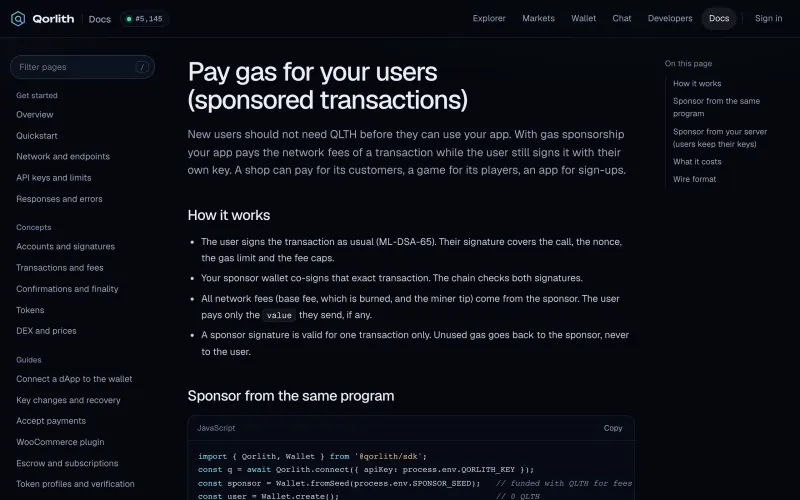 Qorlith docs page 'Pay gas for your users' explaining sponsored transactions, with a JavaScript example.