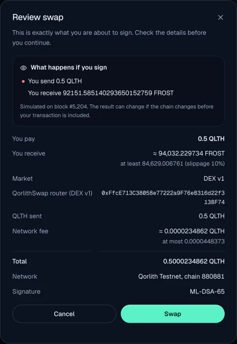 Review swap dialog. Under 'What happens if you sign', the node's simulation says: you send 0.5 QLTH, you receive about 92,151 FROST. Signature: ML-DSA-65.