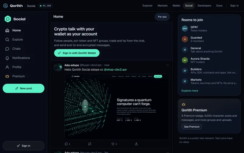Qorlith Social home: the post feed, rooms to join for tokens, NFT holders, builders and markets, and Qorlith Premium.