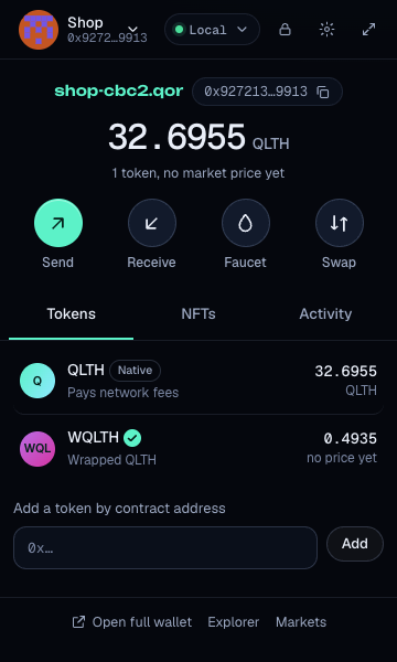 The Qorlith Wallet extension popup: balance in QLTH, Send, Receive, Faucet and Swap buttons, and the Tokens tab